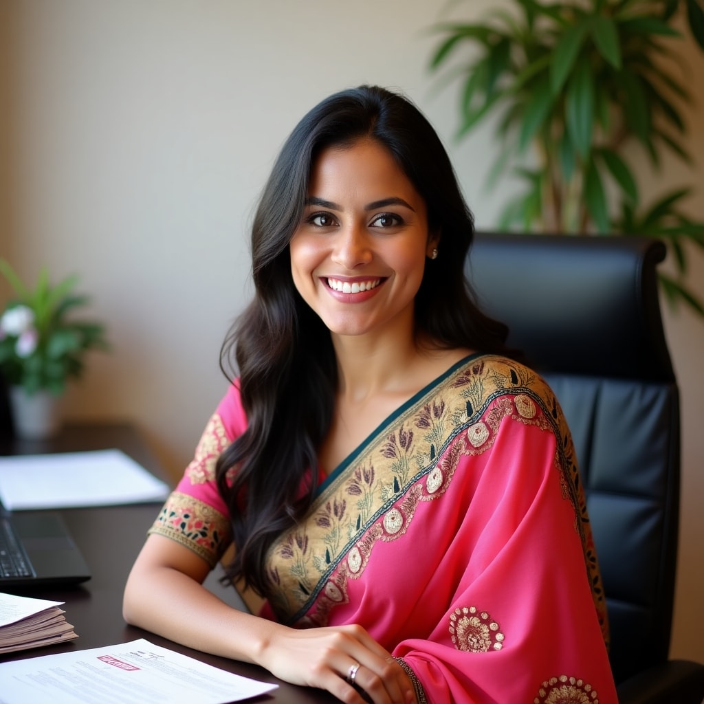 AI generated image for A vibrant photo of Priya Mehta, sitting at a styli